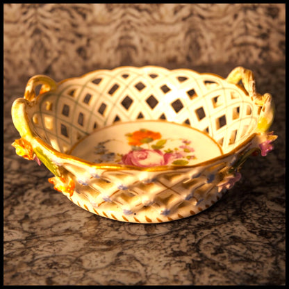 Early 20th Century German Art Nouveau Carl Thieme Potschappel Dresden Porcelain Hand Painted Floral Motif Reticulated Handled Basket with Applied Flowers