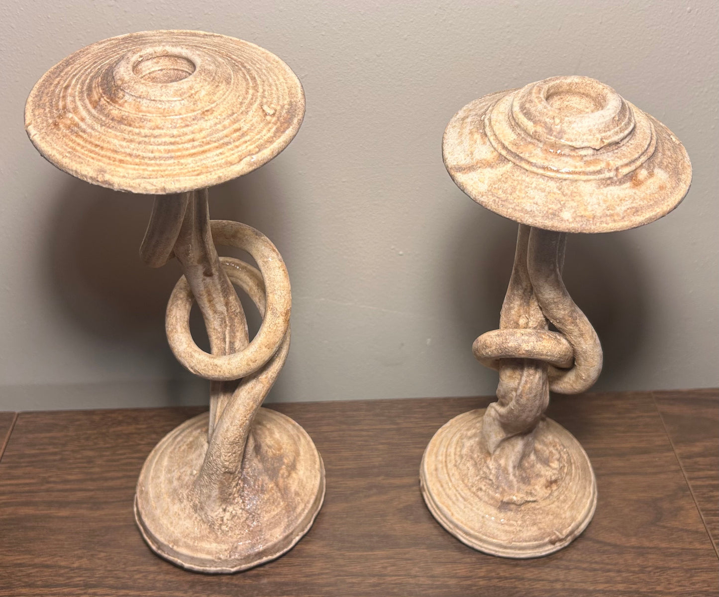Pair of Contemporary Style Art Pottery Clay Organic Twist Form Candlesticks