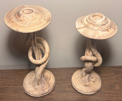 Pair of Contemporary Style Art Pottery Clay Organic Twist Form Candlesticks
