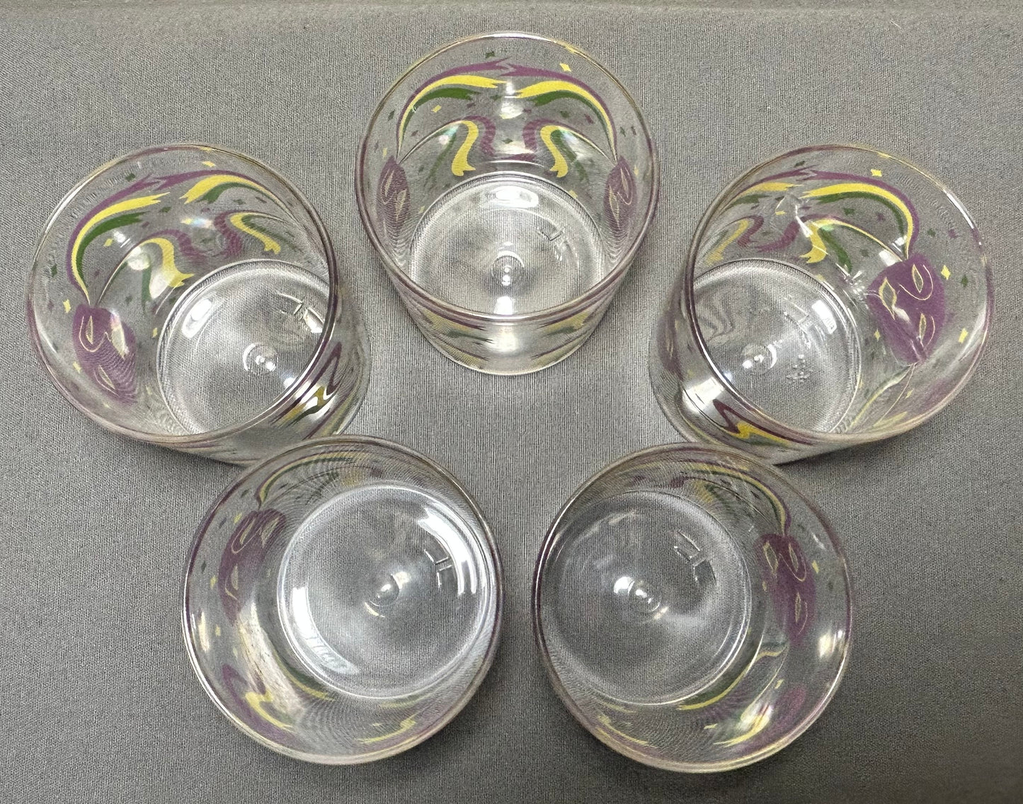 Set of 5 Vintage 1960’s American Cera Mid Century Modern Mardi Gras Mask Motif Plastic Lowball Glasses