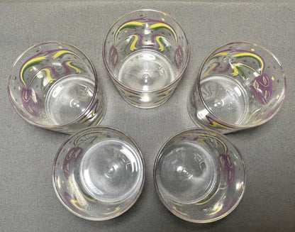 Set of 5 Vintage 1960’s American Cera Mid Century Modern Mardi Gras Mask Motif Plastic Lowball Glasses