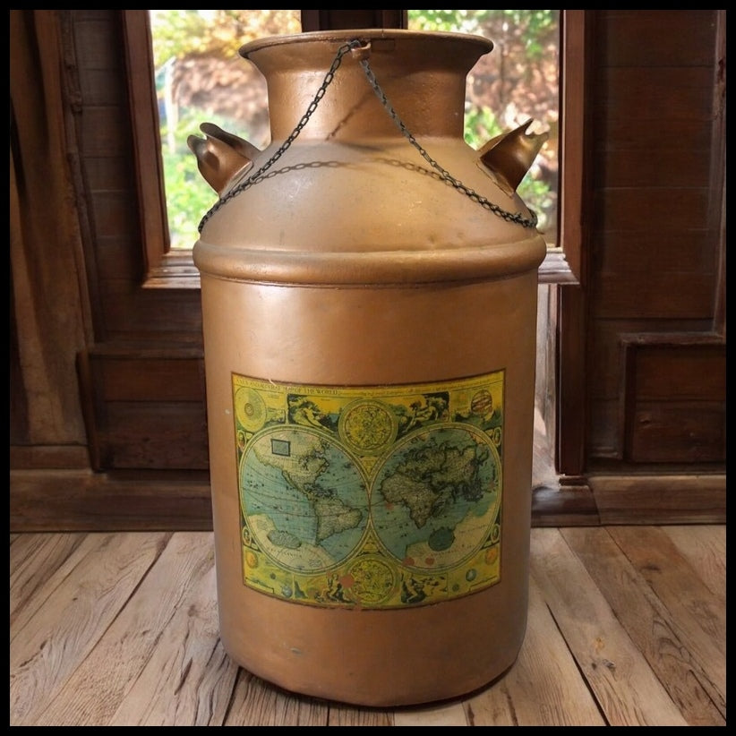 Vintage 1960's American Copper Tone Metal Old World Map Motif Milk Can