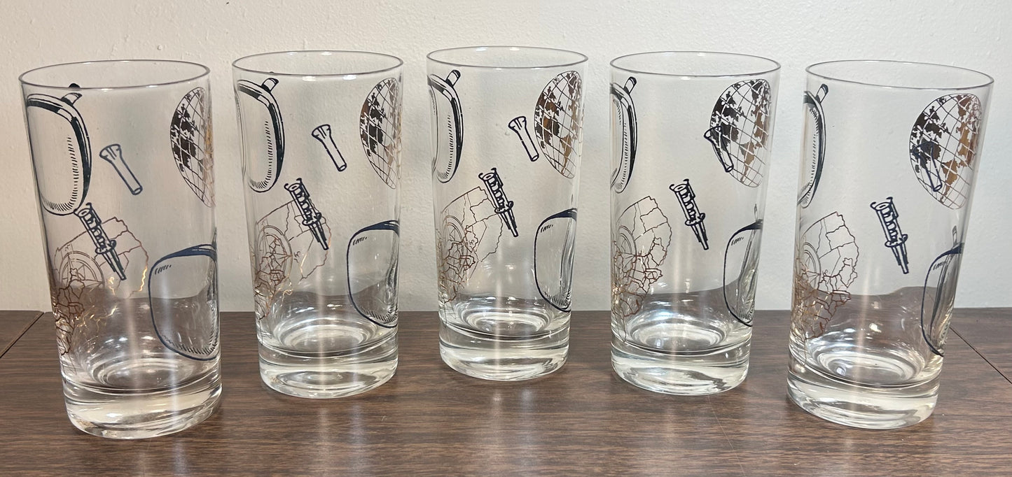 Set of 5 Vintage 1960’s American Thomas Electronics Mid Century Modern Gilded Television Component Motifs Highball Glasses