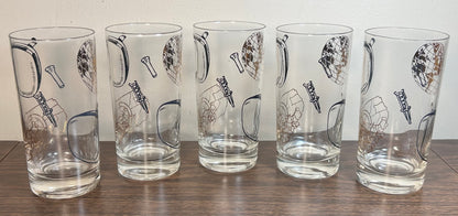 Set of 5 Vintage 1960’s American Thomas Electronics Mid Century Modern Gilded Television Component Motifs Highball Glasses
