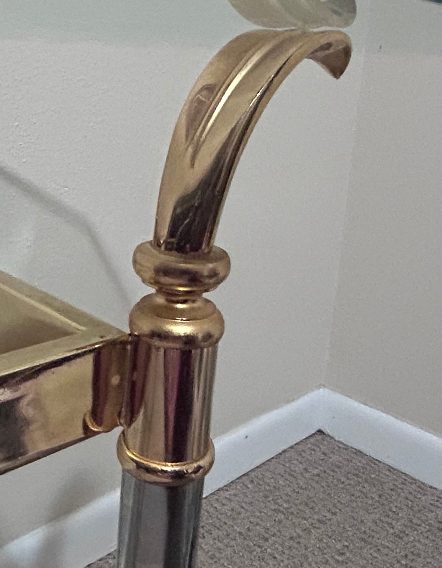 Vintage 1970’s French Maison Jansen Style Brass/Chrome Metal Base Beveled Glass Top Console Table