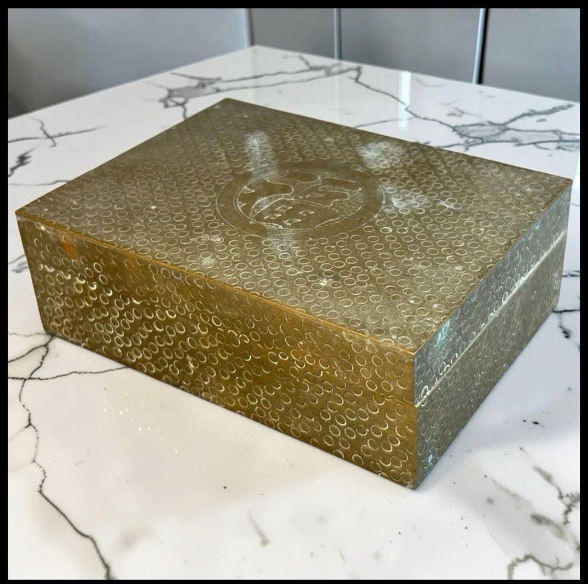 Vintage 1950’s Chinese Brass Wood Lined Shou Motif Trinket Box with Double-Transposition Error Mark