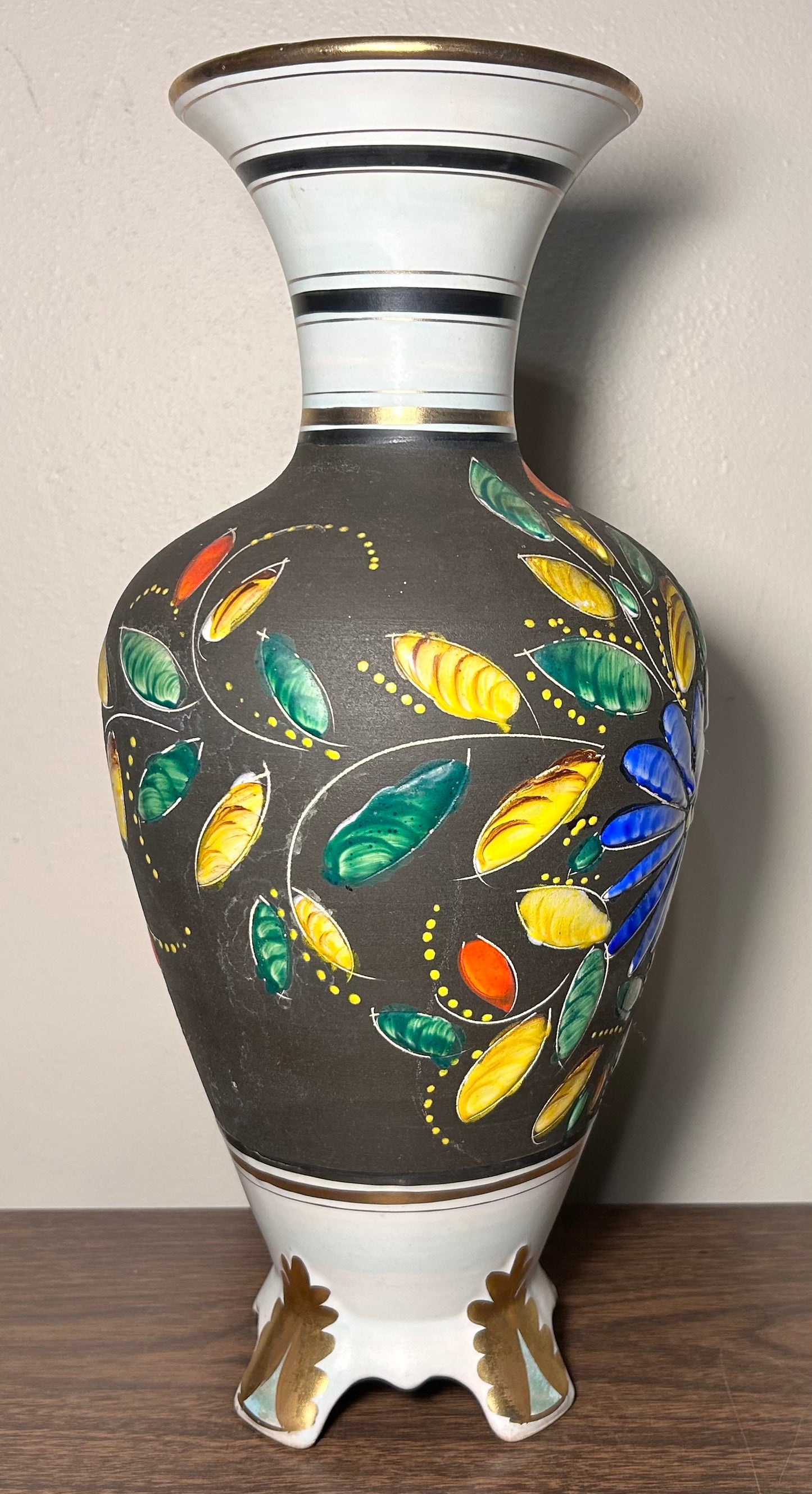 Vintage 1950’s H. Bequet Quaregnon Belgium Pottery Gilded Enamel Hand-Painted Floral Motifs Footed Baluster Vase