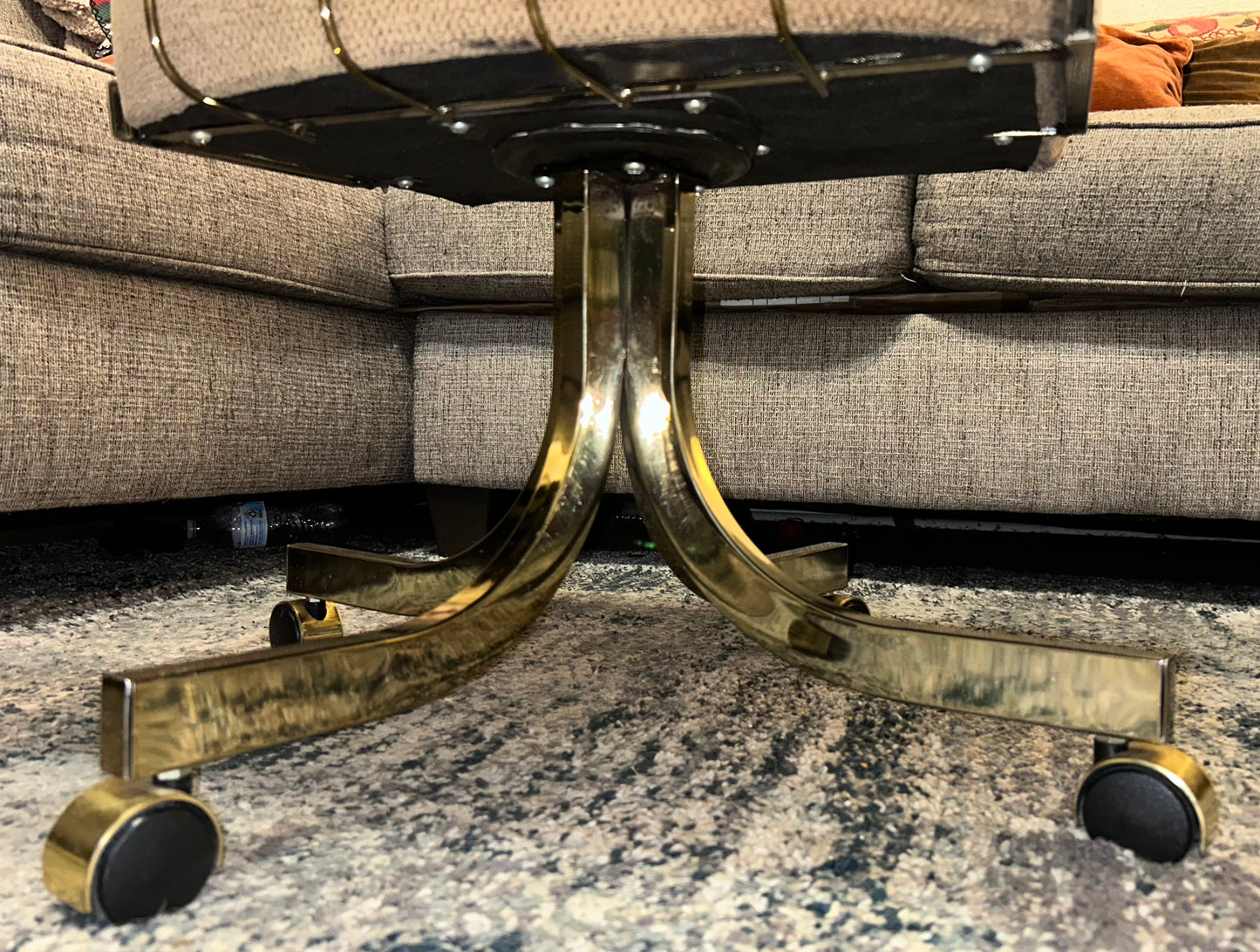 Set of 2 Vintage 1980’s American Hollywood Regency Chromcraft Brass Style Metal/Beige Upholstered Rolling Accent Armchairs