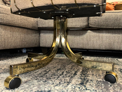 Set of 2 Vintage 1980’s American Hollywood Regency Chromcraft Brass Style Metal/Beige Upholstered Rolling Accent Armchairs