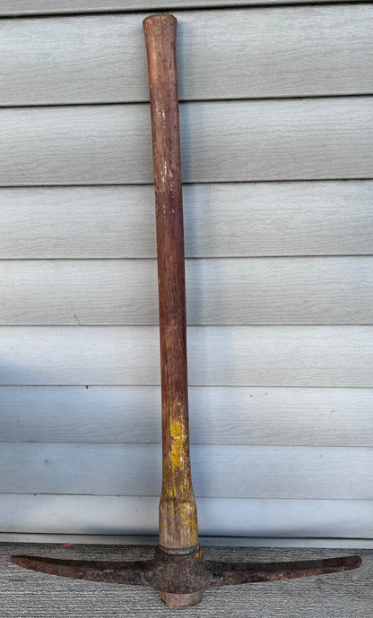 Vintage 1950’s Japanese Hand Forged Cast Iron Head Yellow Painted Wooden Handle Mining Pickaxe Tool