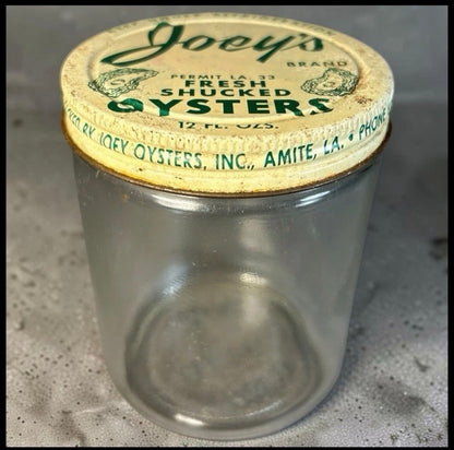 Vintage 1950’s American Joey’s Fresh Shucked Oysters Amite, Louisiana Glass/Metal Lid 12 Oz. Jar