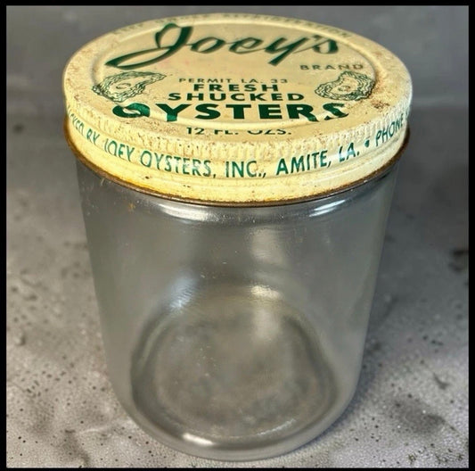 Vintage 1950’s American Joey’s Fresh Shucked Oysters Amite, Louisiana Glass/Metal Lid 12 Oz. Jar