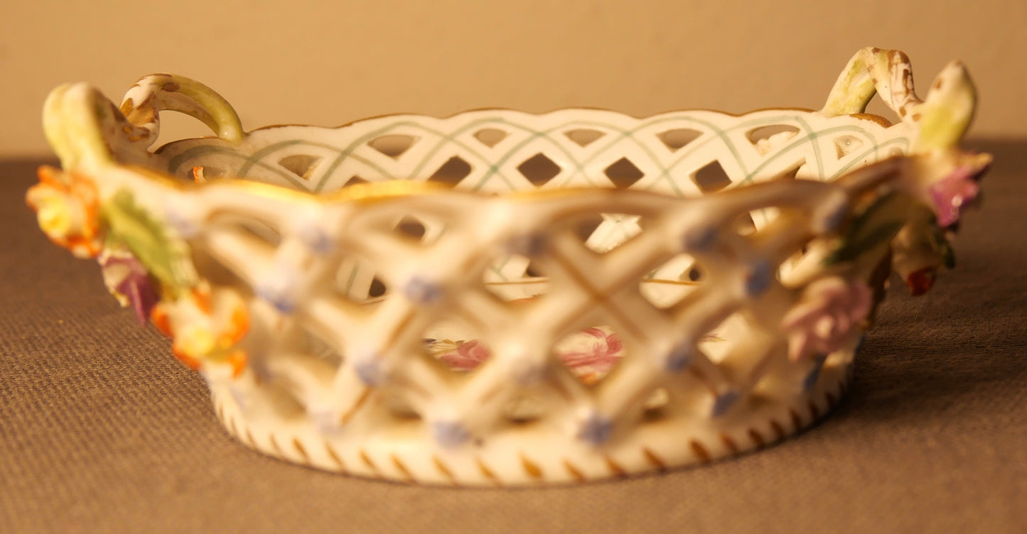 Early 20th Century German Art Nouveau Carl Thieme Potschappel Dresden Porcelain Hand Painted Floral Motif Reticulated Handled Basket with Applied Flowers