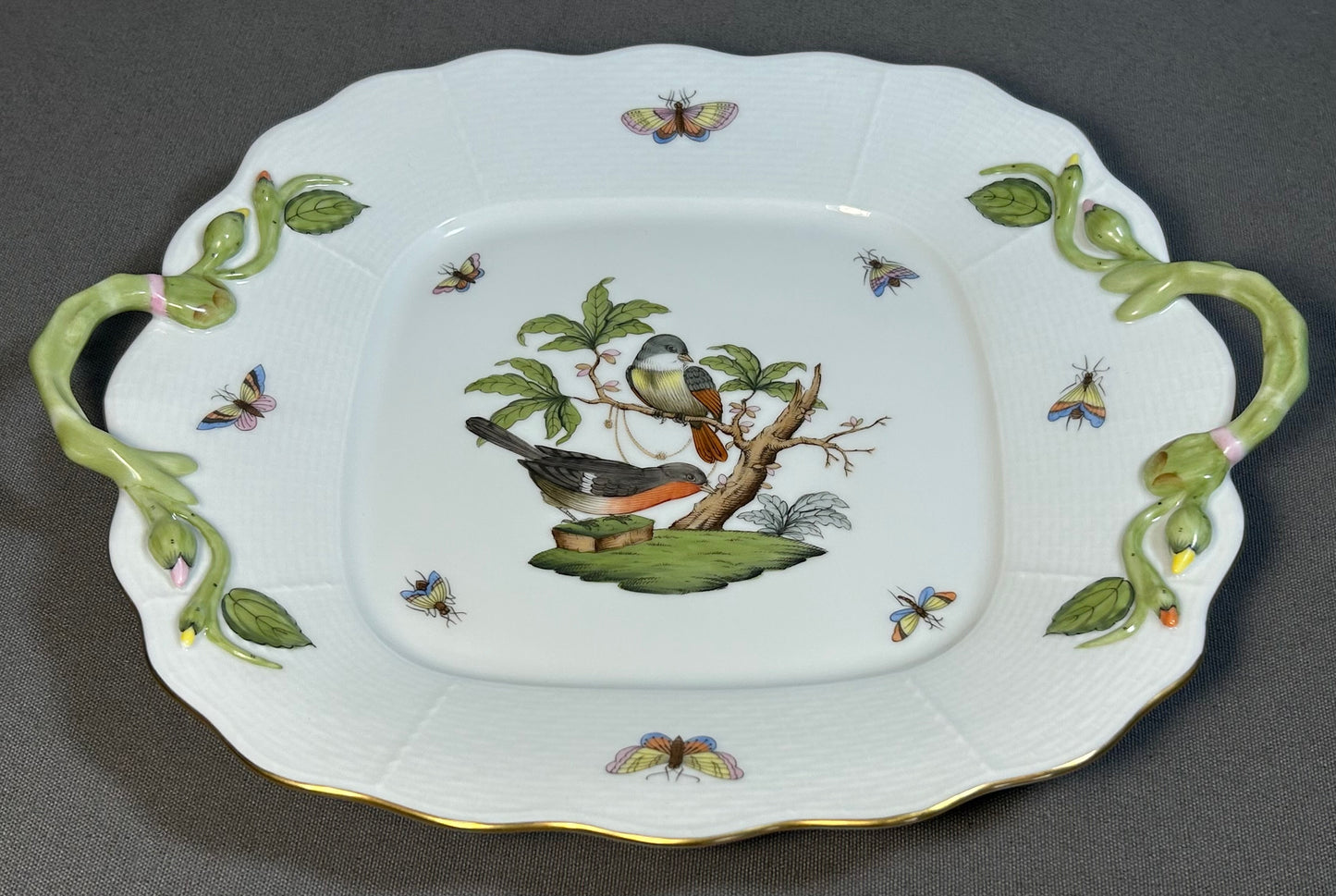 Vintage Circa 1970 Hungarian Herend Porcelain Hand-Painted Rothschild Bird Pattern Scalloped Rim Handled Square Serving Tray