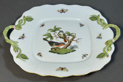 Vintage Circa 1970 Hungarian Herend Porcelain Hand-Painted Rothschild Bird Pattern Scalloped Rim Handled Square Serving Tray