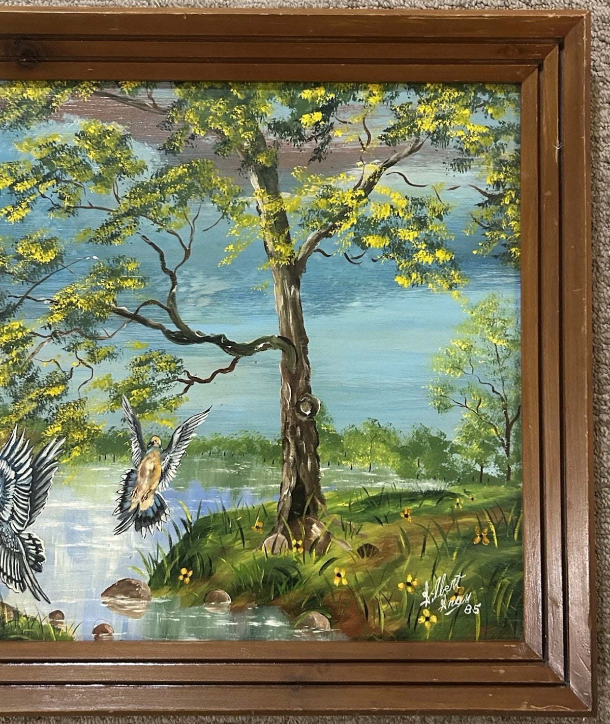 Vintage 1985 Gilbert Green - Untitled Bayou Landscape Framed Acrylic Painting on Wood Panel (Louisiana)