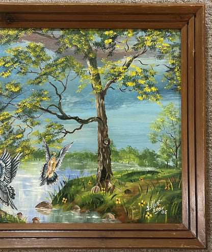 Vintage 1985 Gilbert Green - Untitled Bayou Landscape Framed Acrylic Painting on Wood Panel (Louisiana)