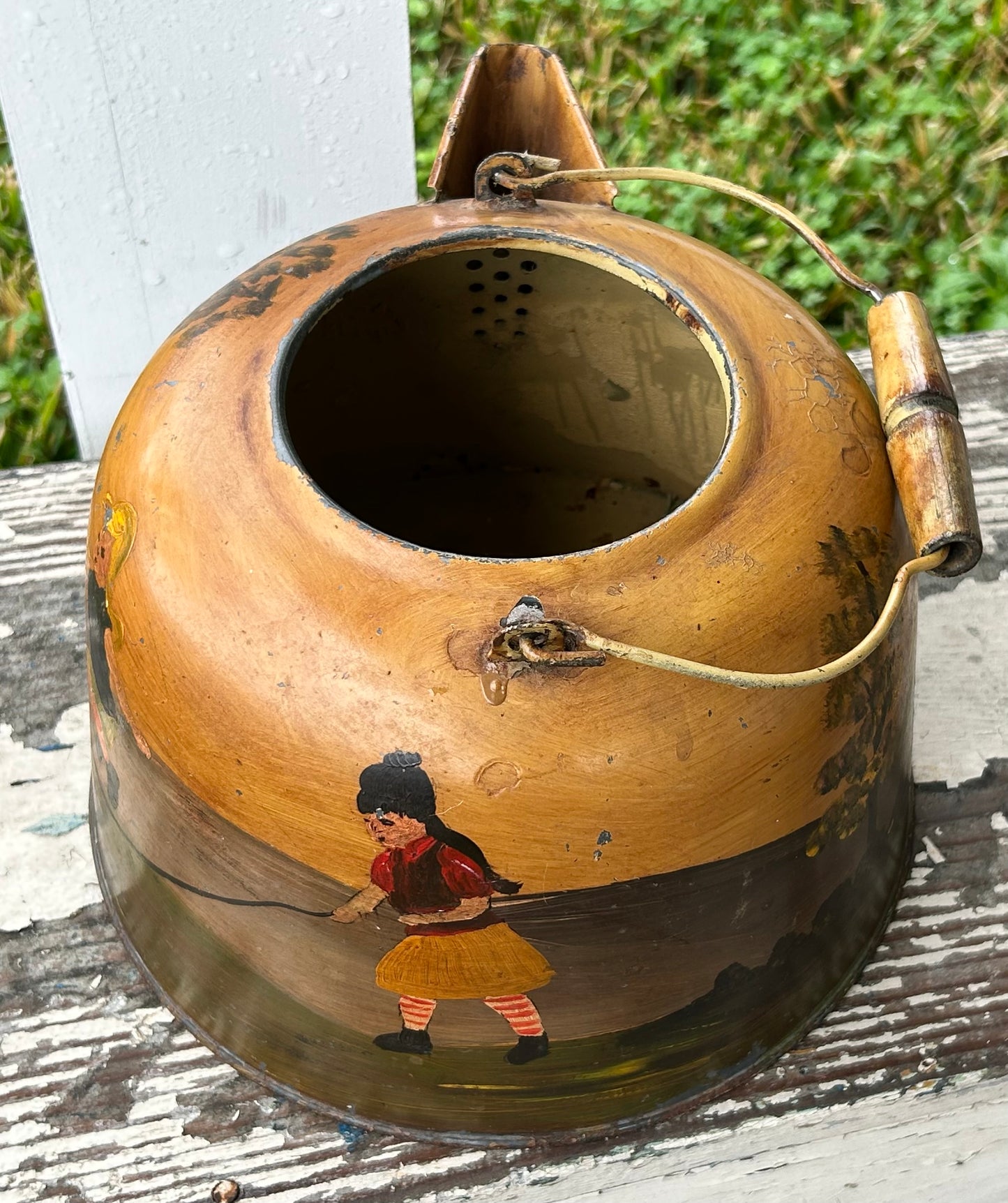 Vintage Mid 20th Century American Primitive Folk Art Hand-Painted Toleware Girls Jumping Rope in Countryside Landscape Motif Metal Coffee Kettle Signed Elliott