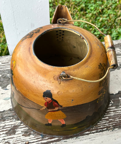 Vintage Mid 20th Century American Primitive Folk Art Hand-Painted Toleware Girls Jumping Rope in Countryside Landscape Motif Metal Coffee Kettle Signed Elliott