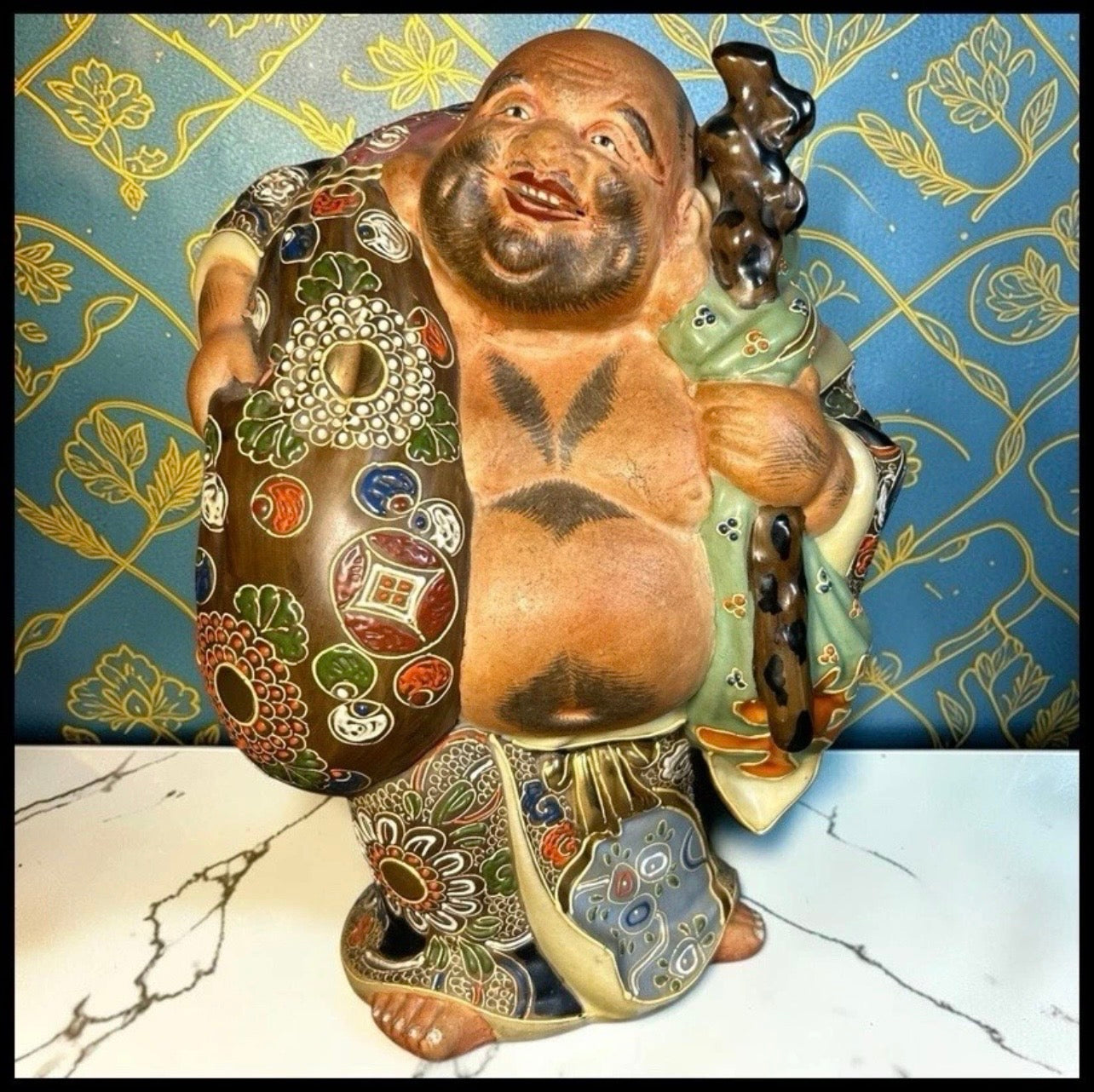Early 20th Century Japanese Kutani Porcelain Moriage Hotei Statue (Meiji Period)