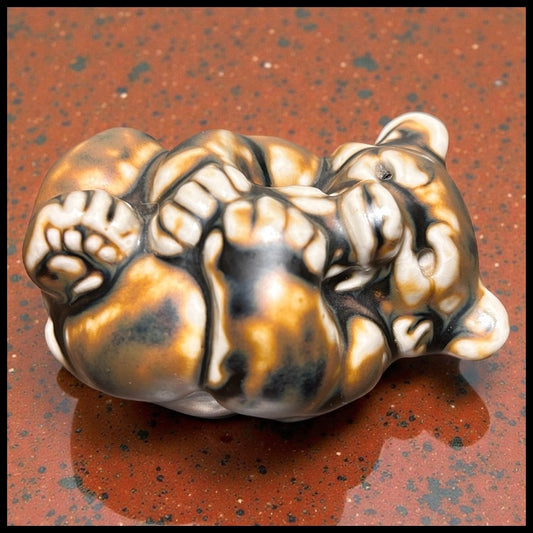 Vintage 1950’s Danish Royal Copenhagen Brown Glazed Porcelain Bear Cub Playing Figurine by Knud Kyhn