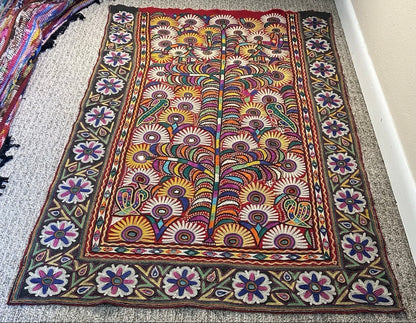 Vintage 1960’s Indian Kutch Chakla Embroidery/Mirror Work Textile Tree of Life Wall Hanging