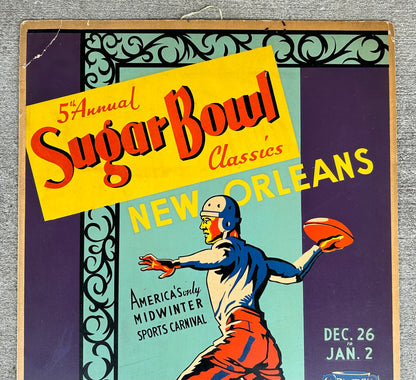 1939 5th Annual Sugar Bowl Classics New Orleans Football Cardboard Advertising Sign