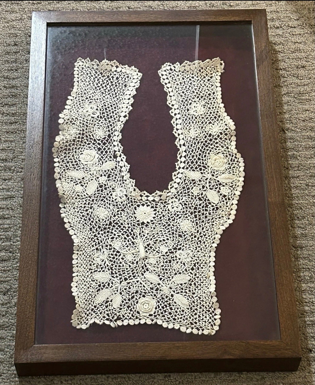 Early 20th Century Irish Crochet Lace Rose Motifs Plastron Bodice Insert Set in Contemporary Shadowbox Frame