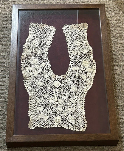 Early 20th Century Irish Crochet Lace Rose Motifs Plastron Bodice Insert Set in Contemporary Shadowbox Frame