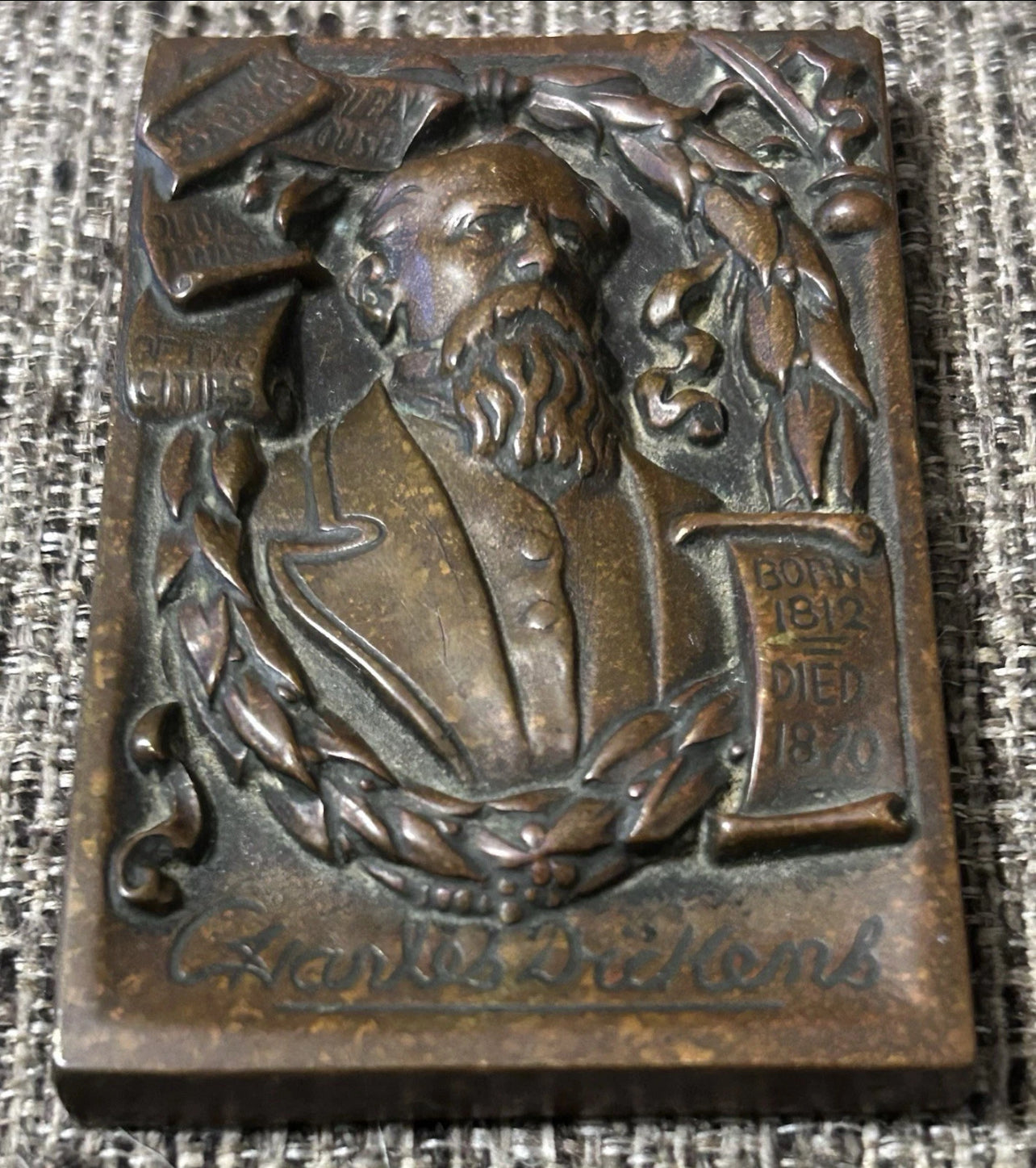 Circa 1919 English Arts & Crafts Bronze Charles Dickens Raised/Bas-Relief Miniature Portrait Plaque