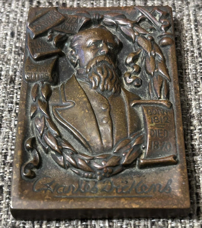 Circa 1919 English Arts & Crafts Bronze Charles Dickens Raised/Bas-Relief Miniature Portrait Plaque
