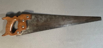 1888-1895 American E.C. Atkins & Co. 20-Inch Silver Steel Metal Blade/Carved Beech Wood Wheat Pattern Handle Panel Saw with Medallion