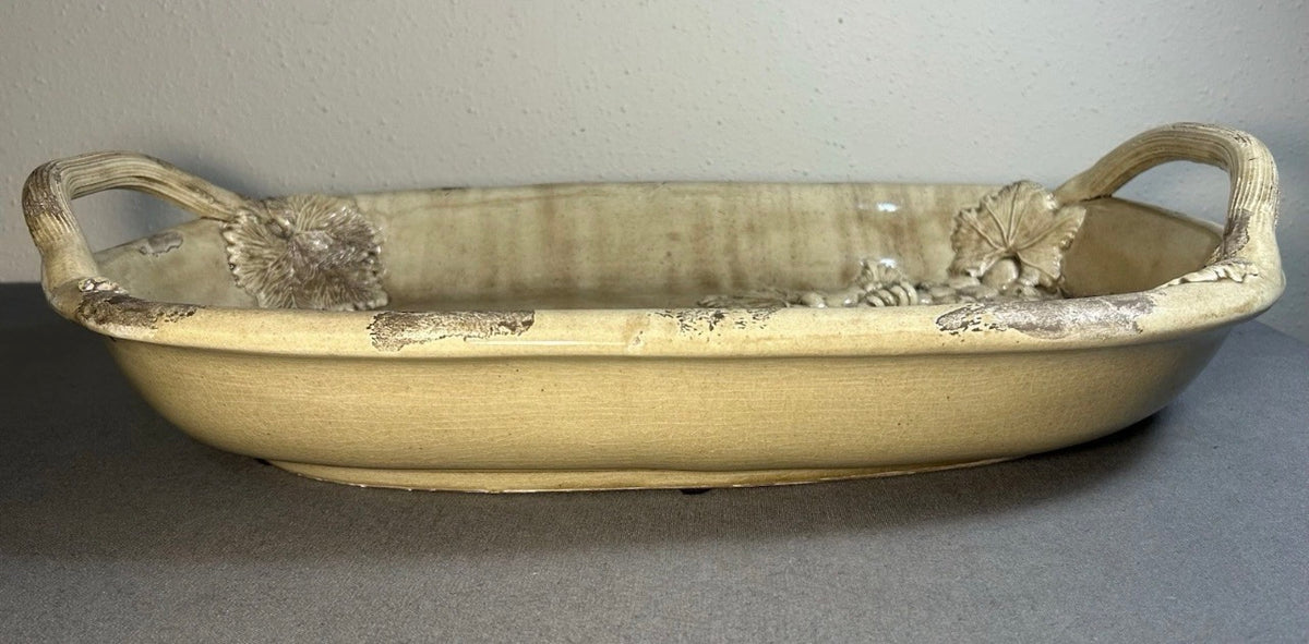 Vintage 1990’s Italian Wild Olive Co. Art Pottery Ceramic Antiqued Finish High-Relief Molded Grape Cluster Motifs Handled Oval Tray