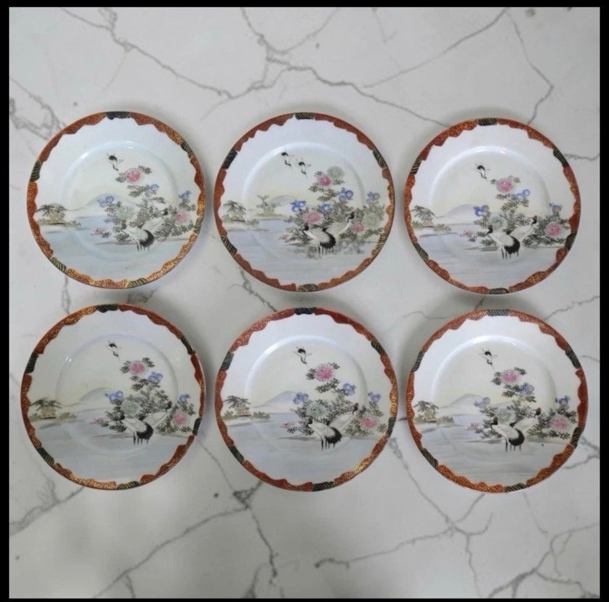 Set of 6 Early 20th Century Japanese Kutani Porcelain Red-Crowned Crane/Floral Motifs Salad Plates (Meiji Period)