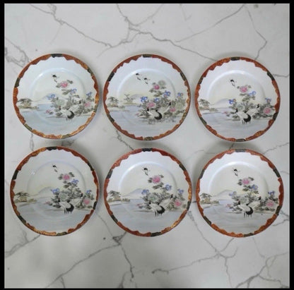 Set of 6 Early 20th Century Japanese Kutani Porcelain Red-Crowned Crane/Floral Motifs Salad Plates (Meiji Period)