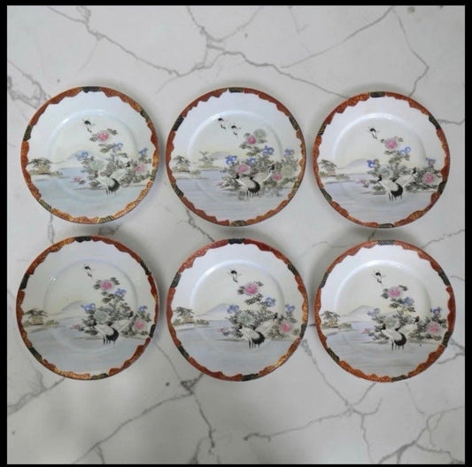 Set of 6 Early 20th Century Japanese Kutani Porcelain Red-Crowned Crane/Floral Motifs Salad Plates (Meiji Period)