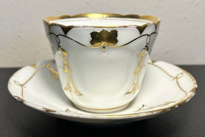 Late 19th Century French Rococo Revival T. REES. Porcelain Gilded Floral/Vine Motifs Teacup and Saucer Set