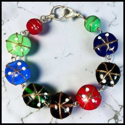 Vintage 1970’s Italian Venetian Murano Art Glass Lampwork/Gold Averturine Filigree Trail Beads Bracelet