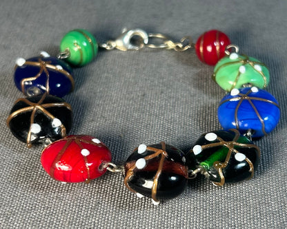 Vintage 1970’s Italian Venetian Murano Art Glass Lampwork/Gold Averturine Filigree Trail Beads Bracelet