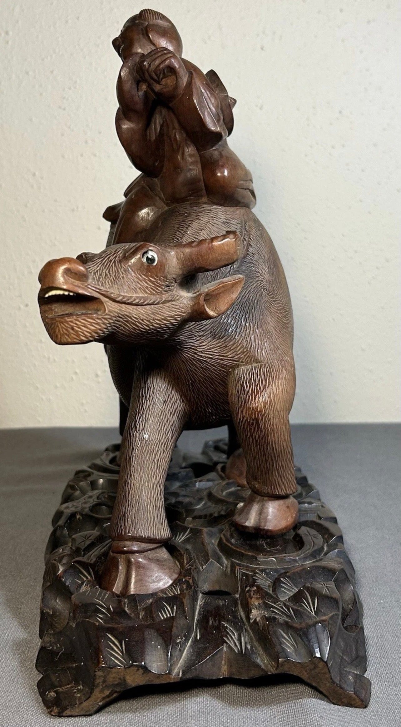 1920’s Chinese Young Herdsboy Riding Water Buffalo on Openwork Base Hand-Carved Rosewood Sculpture
