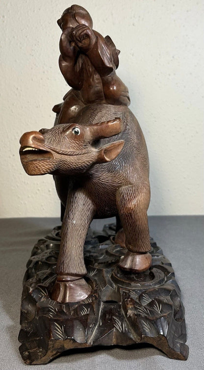 1920’s Chinese Young Herdsboy Riding Water Buffalo on Openwork Base Hand-Carved Rosewood Sculpture