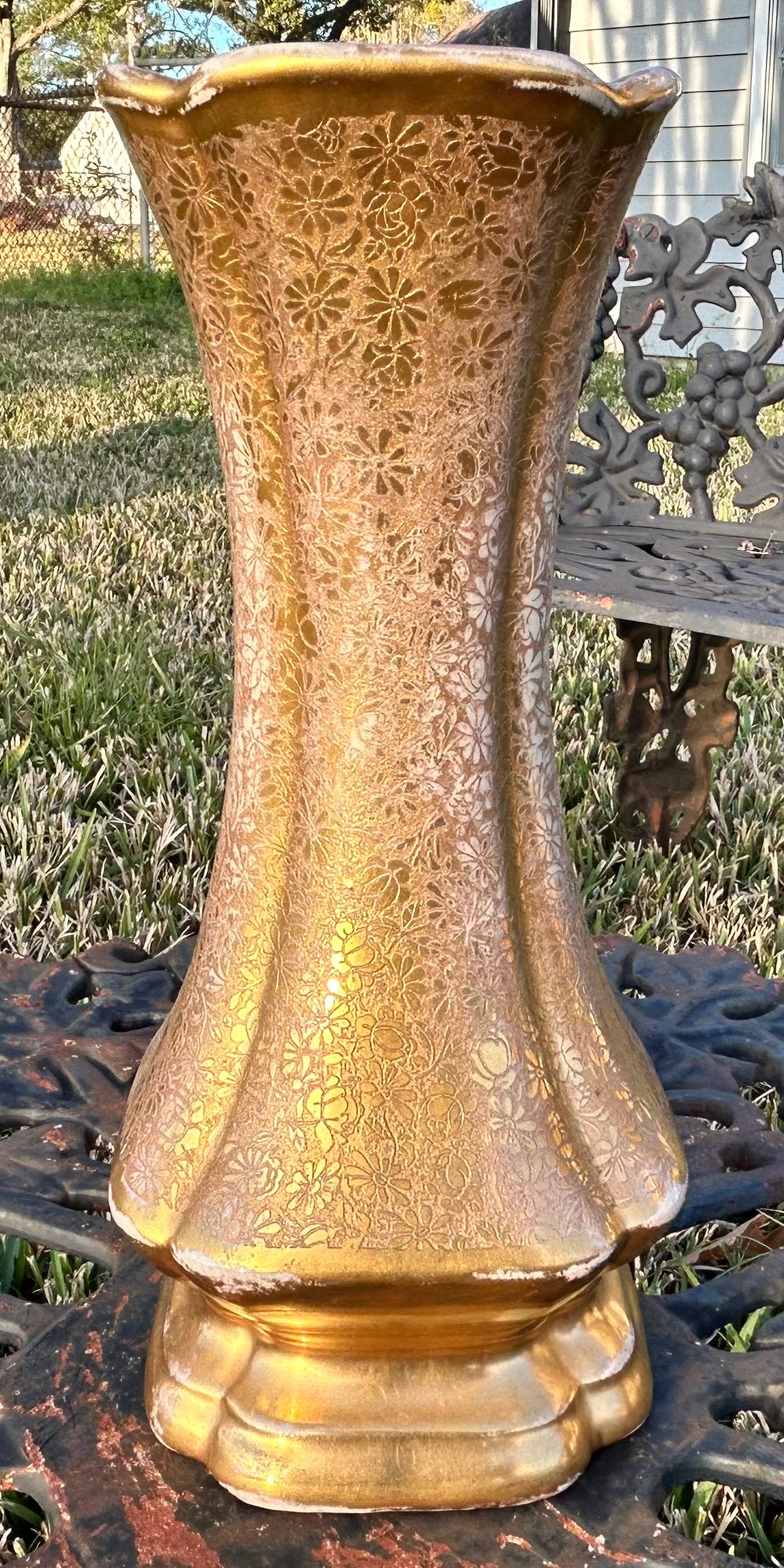 Vintage 1950’s American Hollywood Regency Gilded Ceramic Floral Pattern Footed Hourglass Vase