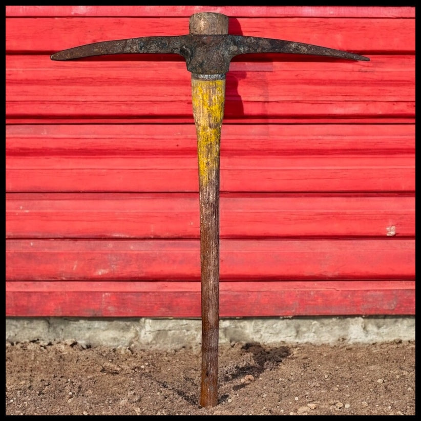 Vintage 1950’s Japanese Hand Forged Cast Iron Head Yellow Painted Wooden Handle Mining Pickaxe Tool