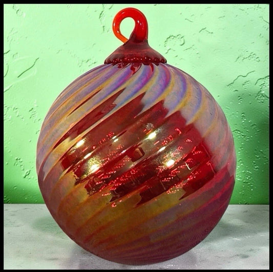 Polish Hand-Blown Iridescent Ruby Red Art Glass Round Ornament