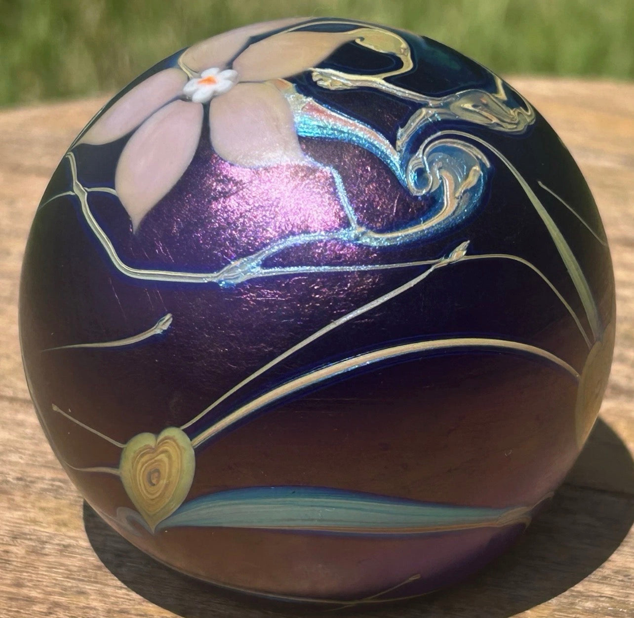 Vintage 1984 English Okra Studio Art Glass Nightshade Floral Motifs Limited Edition Paperweight (No. 3)