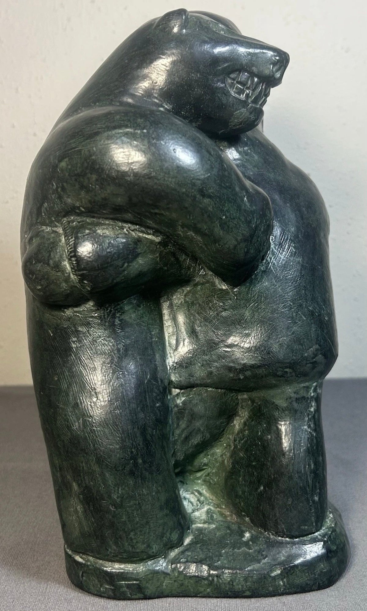 Vintage 1970’s Candian The Wolf Sculptures Edmund Wolf Indigenous Hunter Embracing Polar Bear Soapstone Style Resin Composite Sculpture