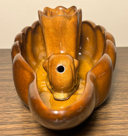 Vintage Circa 1960 American Mid Century Modern Anna Van Briggle Pottery Brown Glazed Console Bowl with Flower Frog