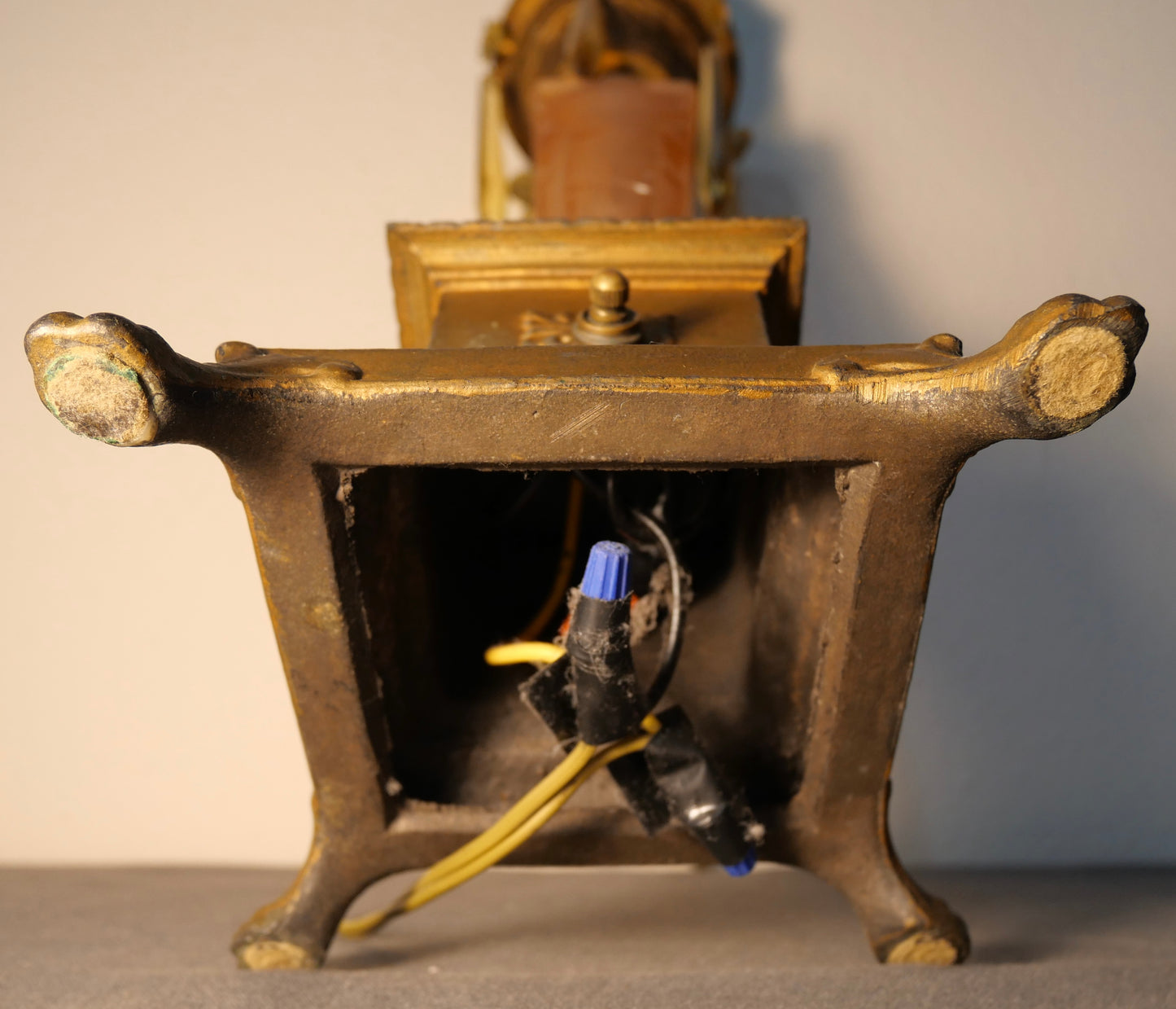 Circa 1920 American Art Deco Gilded Metal Lion's Paw Foot/Pink Frosted Glass Base Torchiere Table Lamp with Reverse Painted Frosted Glass Shade and Topaz Glass Hanging Prisms