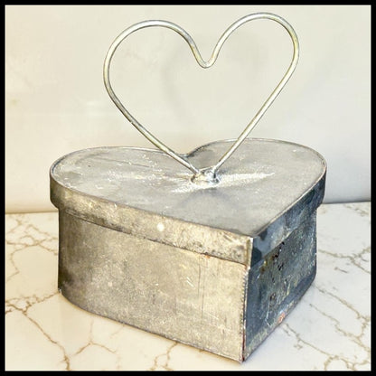 Vintage Circa 1970 American Folk Art Heart-Shaped Tin Metal Trinket Box with Wire Heart Handle