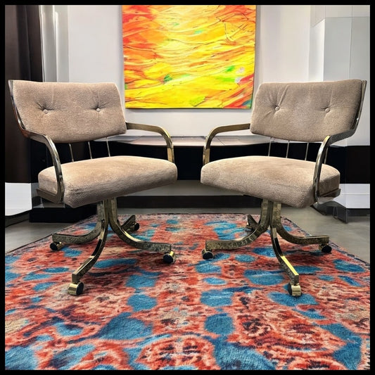 Set of 2 Vintage 1980’s American Hollywood Regency Chromcraft Brass Style Metal/Beige Upholstered Rolling Accent Armchairs